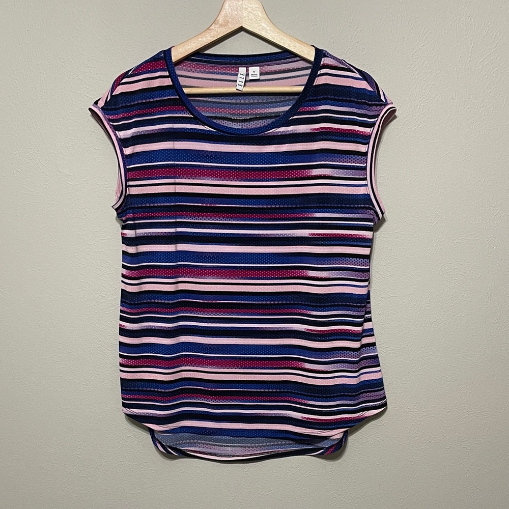 Elle Striped Blue, Pinks & Black Cap-Sleeve Top
